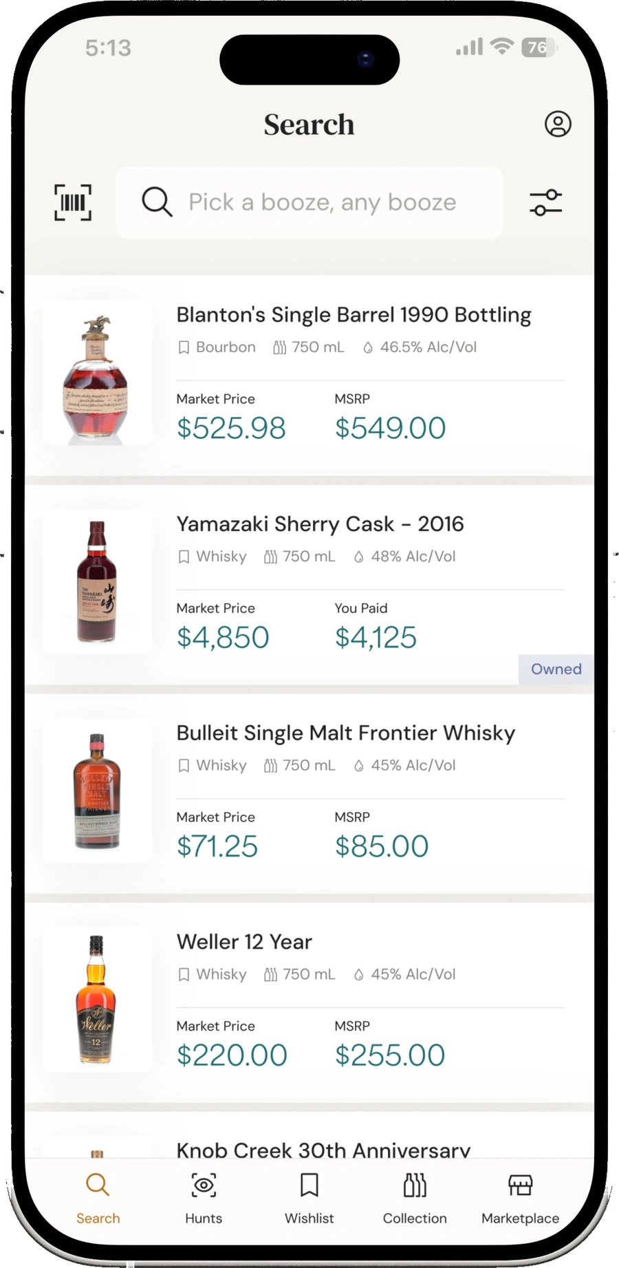 BAXUS list of bottles with market price, MSRP, and what you paid